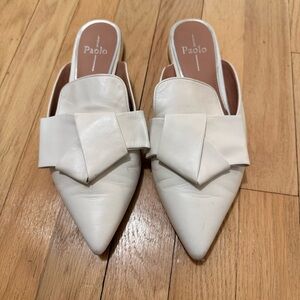 Paolo Women's White Leather Flat Mules with Bow Detail Gold Heel Size 8.5